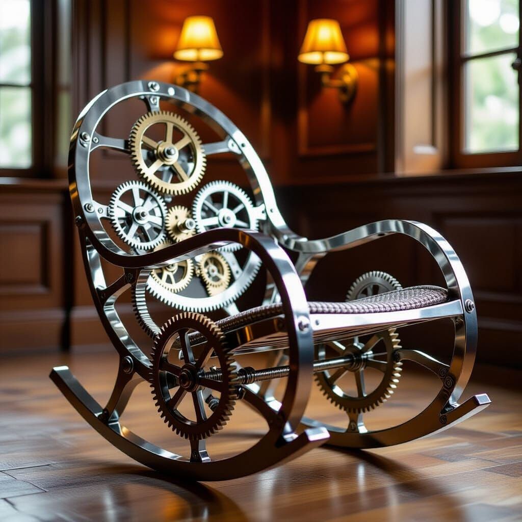 Steampunk Rocking Chair with Exposed Swiss Watch Gears