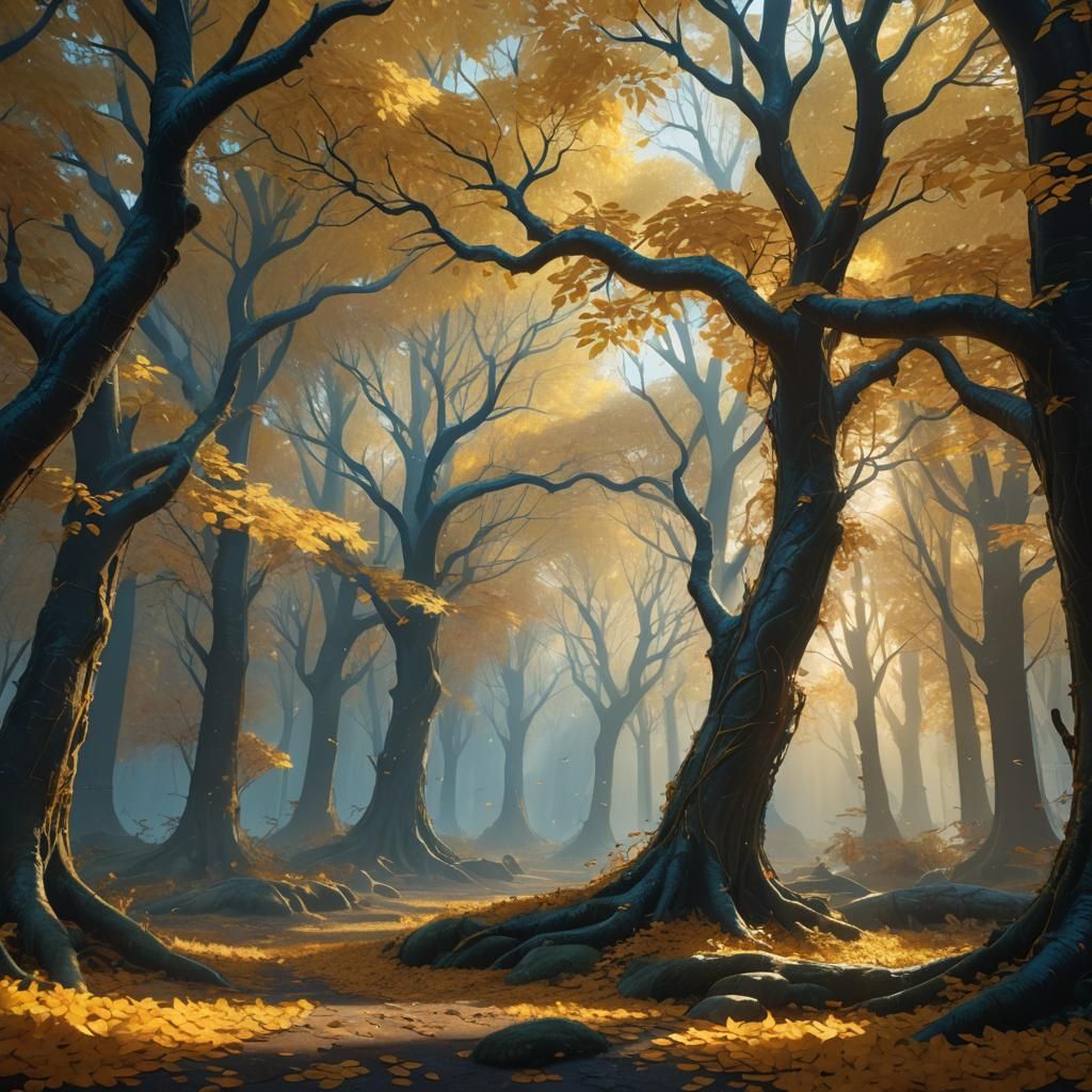 Glowing Yellow Leaves Canopy in Fantasy Forest