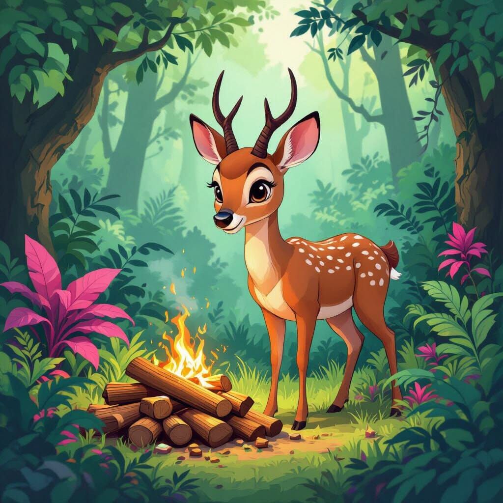 Cartoon Deer Gathering Wood in Surreal Forest