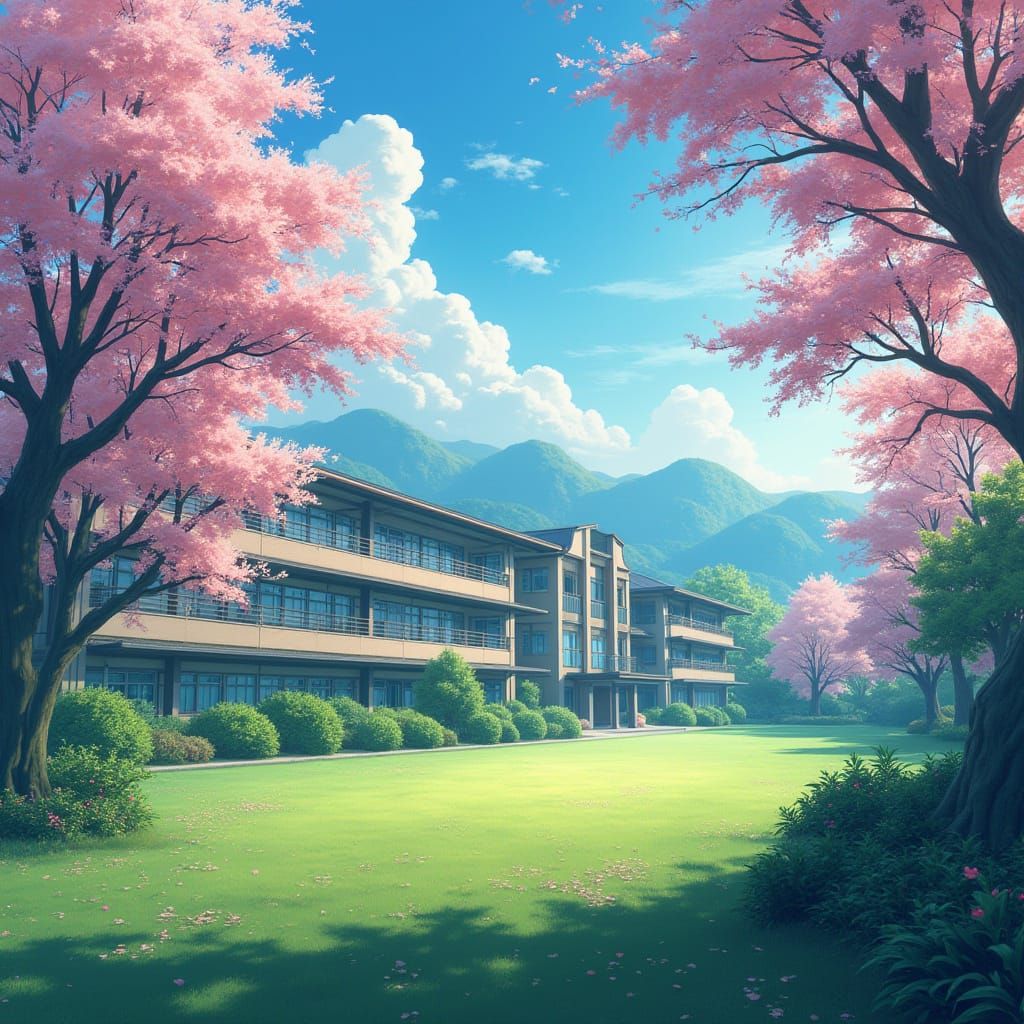 Whimsical Morning High School in a Dreamlike Japanese Landsc...