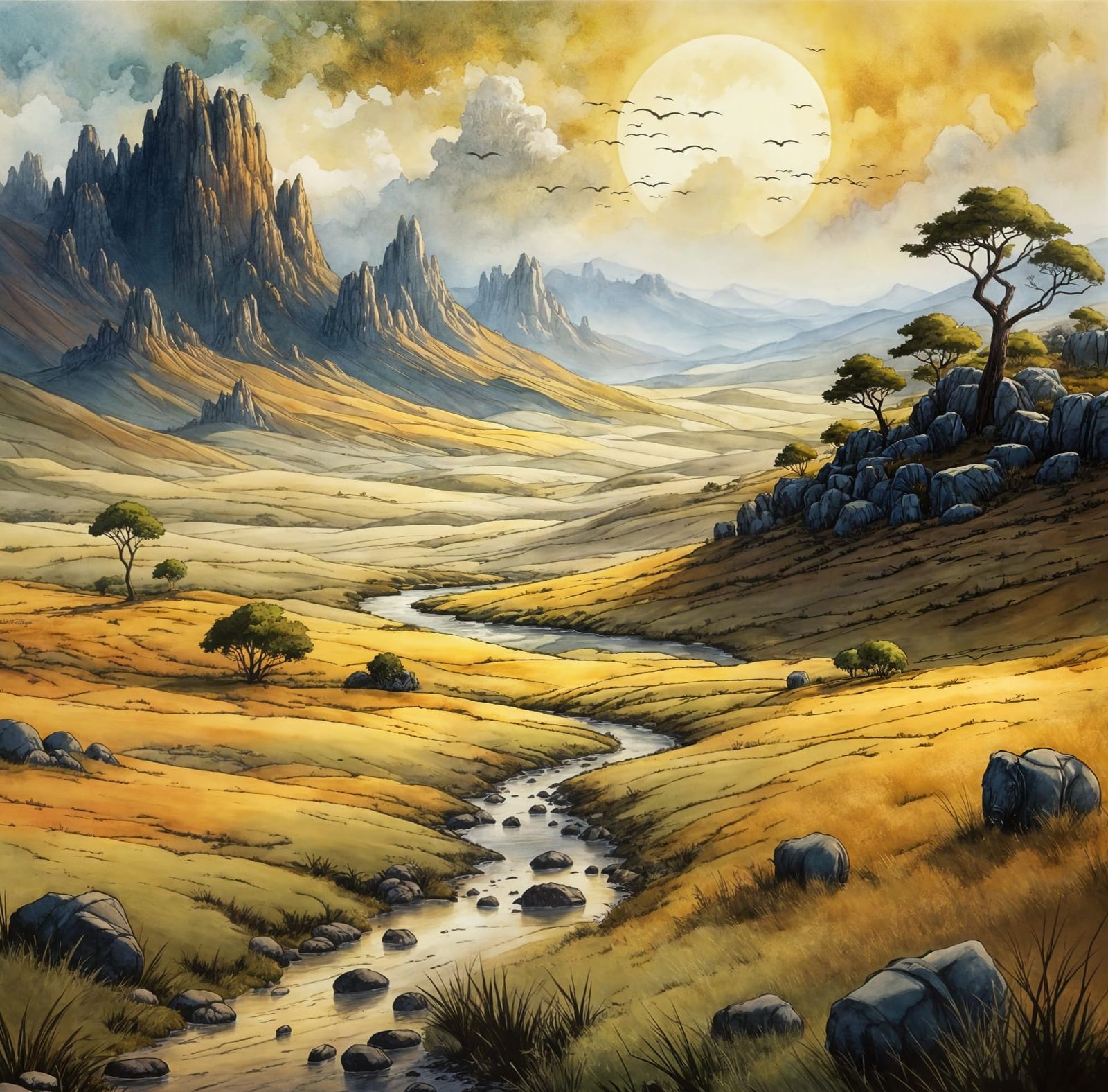 Magical Serengeti Plains Landscape as Watercolor Painting