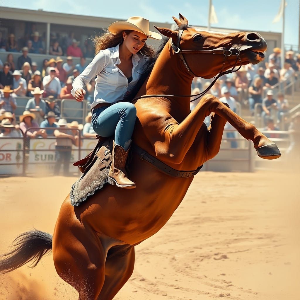 Woman Riding Bucking Bronco in Rodeo Arena