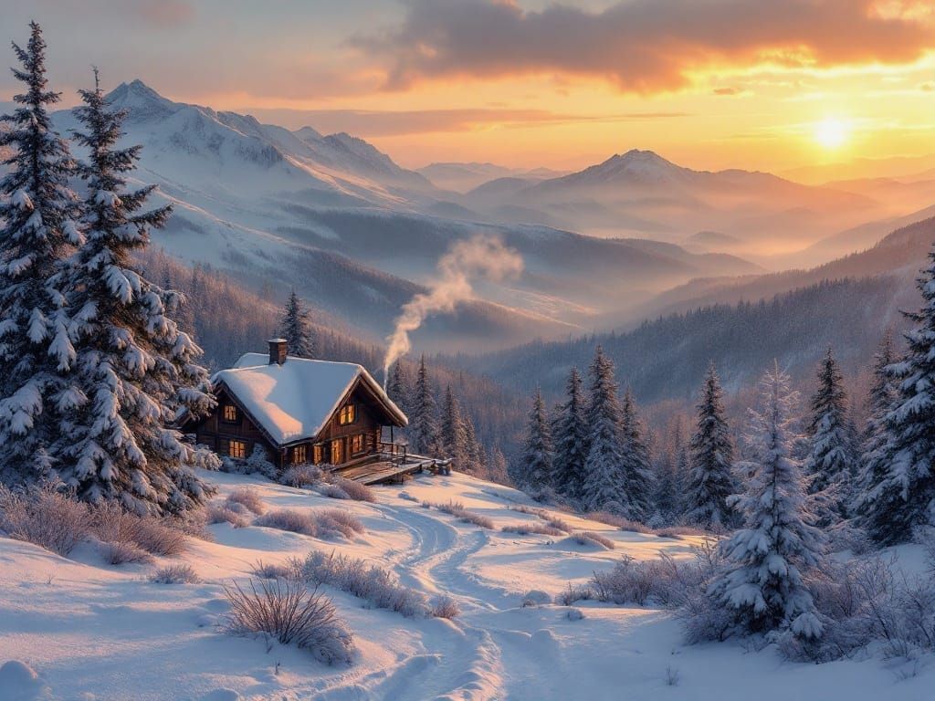 Winter Mountain Sunset Cabin in HDR Photography