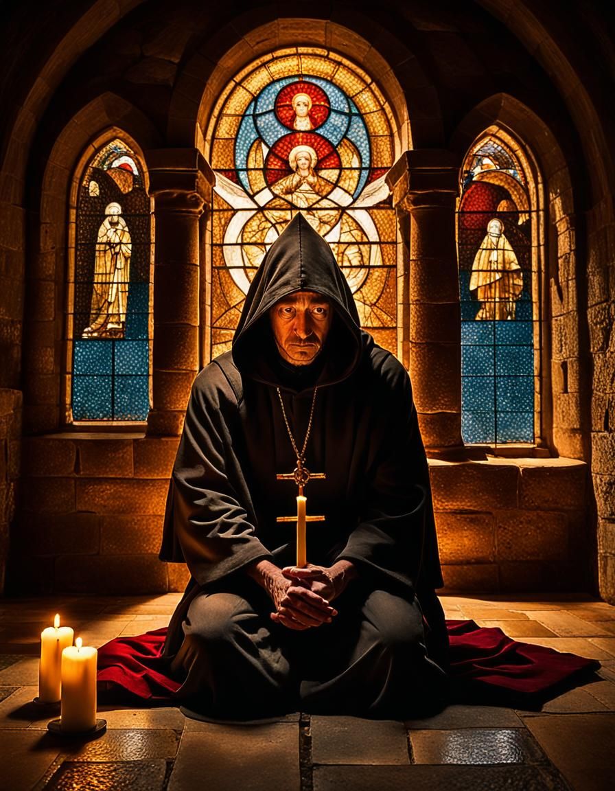 Monk Kneeling in Chapel in Surrealist Style