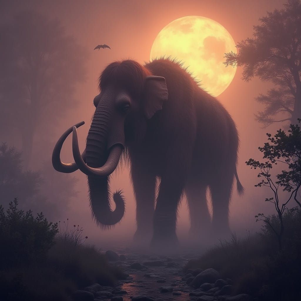 Majestic Woolly Mammoth in Dark Fantasy Landscape with Ether...