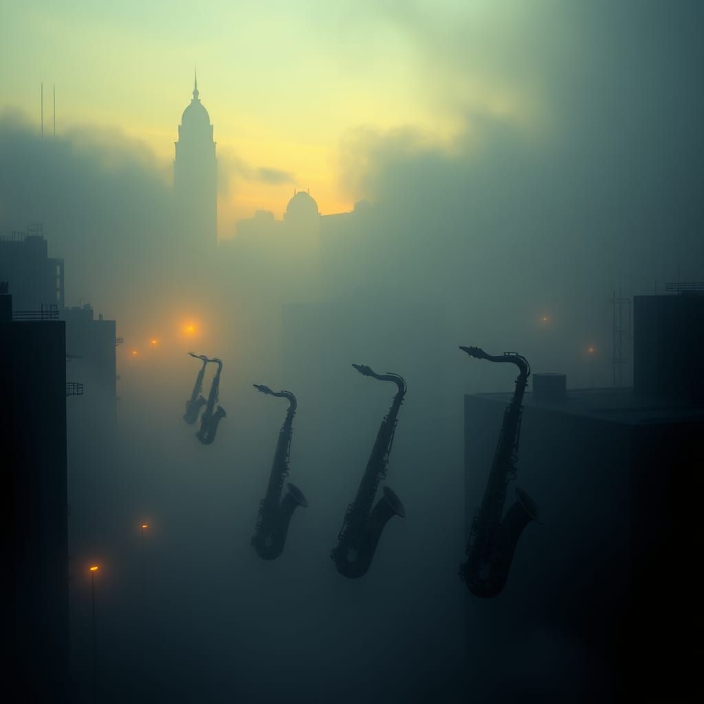 Surreal Cityscape: Saxophones Emerging from the Mist