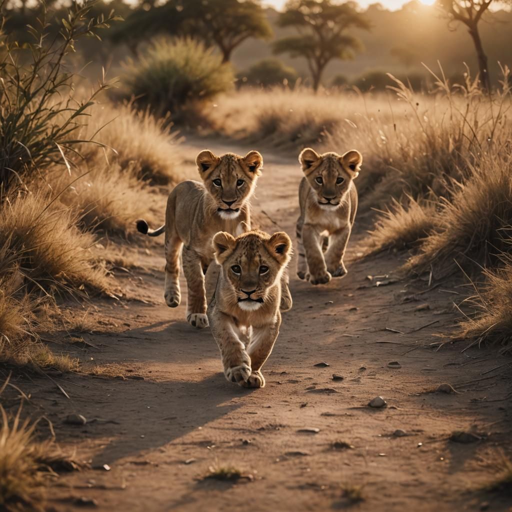 Lion Cub Pack at Sunset: Cinematic Film Still