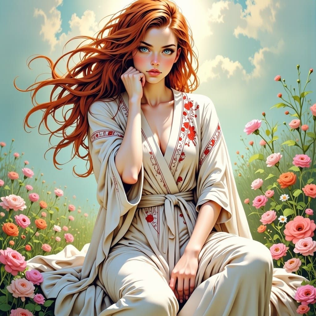 Serene Anime Woman in Sunlit Flower Field