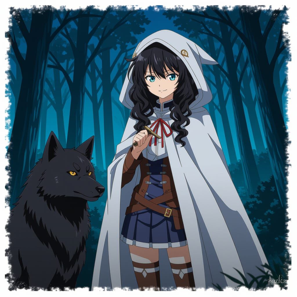 Dark Forest Girl with Knife and Wolf in Anime Style