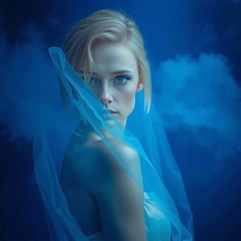 Ethereal Woman in Blue Fog: Hyper-Realistic Cinematic Scene