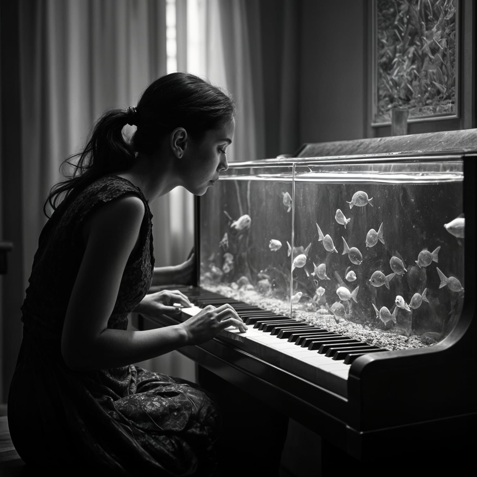 Mysterious Woman Peers into an Aquarium Piano