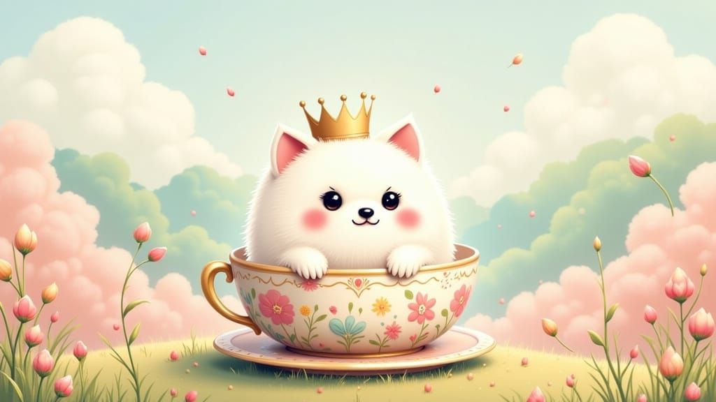 Kawaii Samoyed Puppy in Teacup Dreamscape