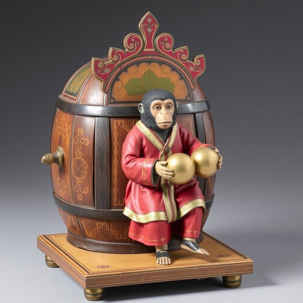 Papier-mâché Barrel-Organ Musical Box with Monkey Figure