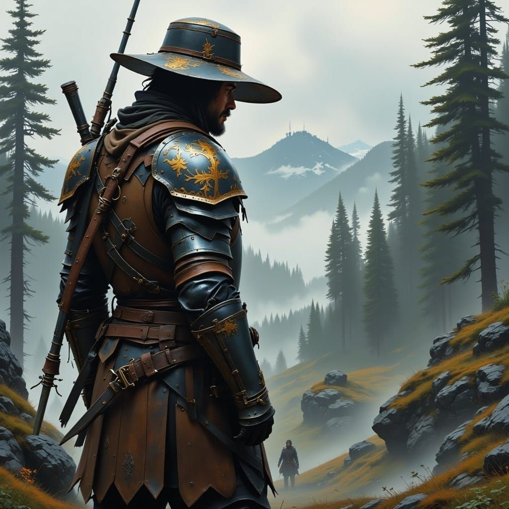 Futuristic Figure Gazing Over Misty Forest