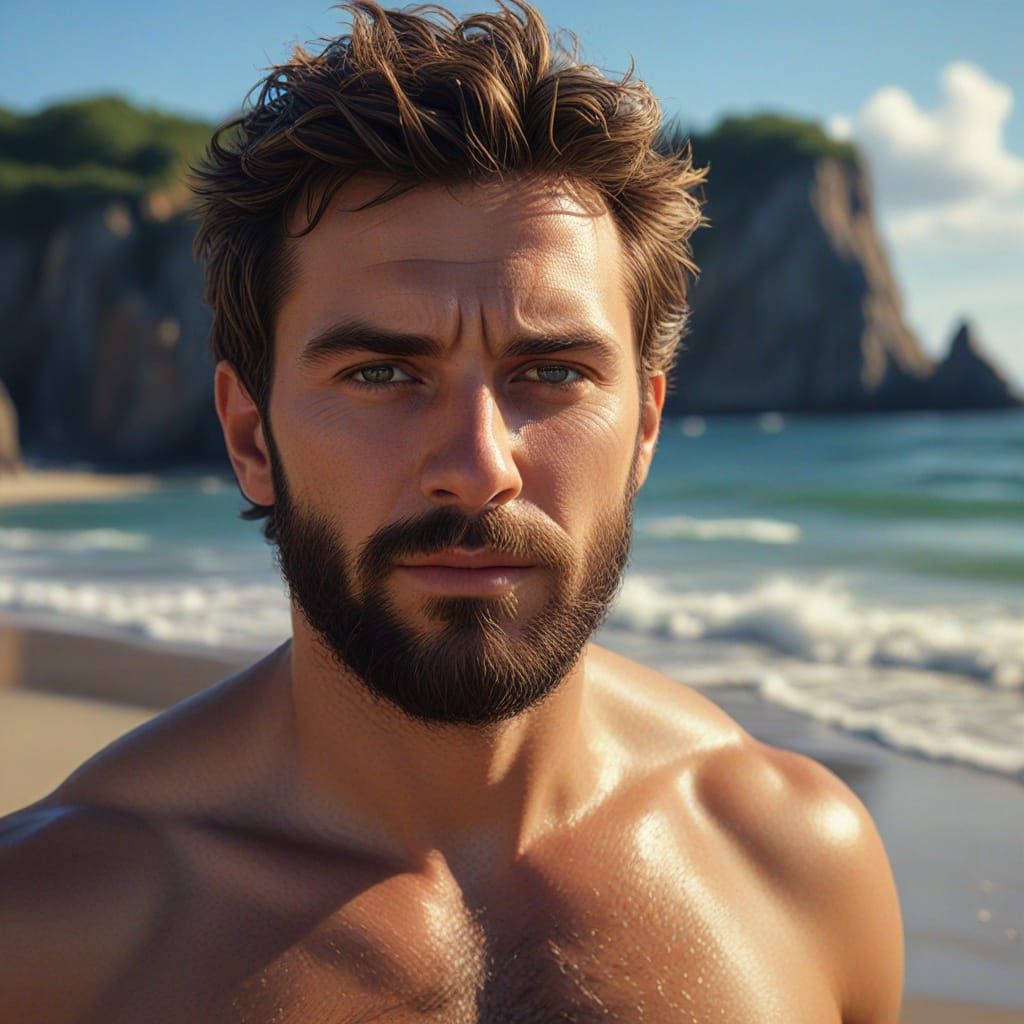 Dramatic Close-Up Portrait of Man on Beach