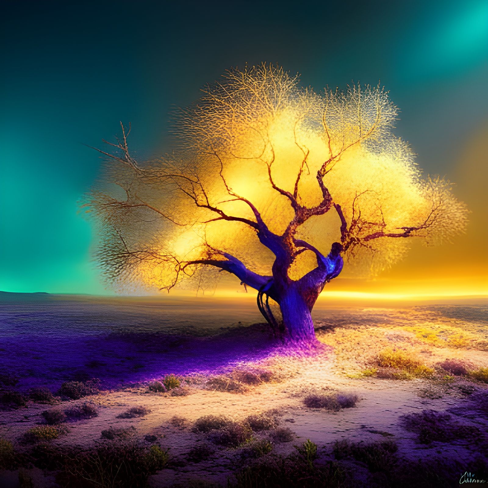 Brutalist Golden Tree with Lightning and Sparks