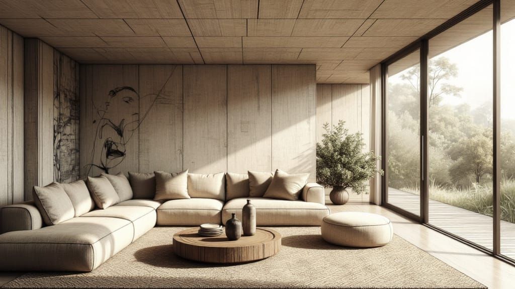 Architectural Living Room Interior in Oil Painting Style