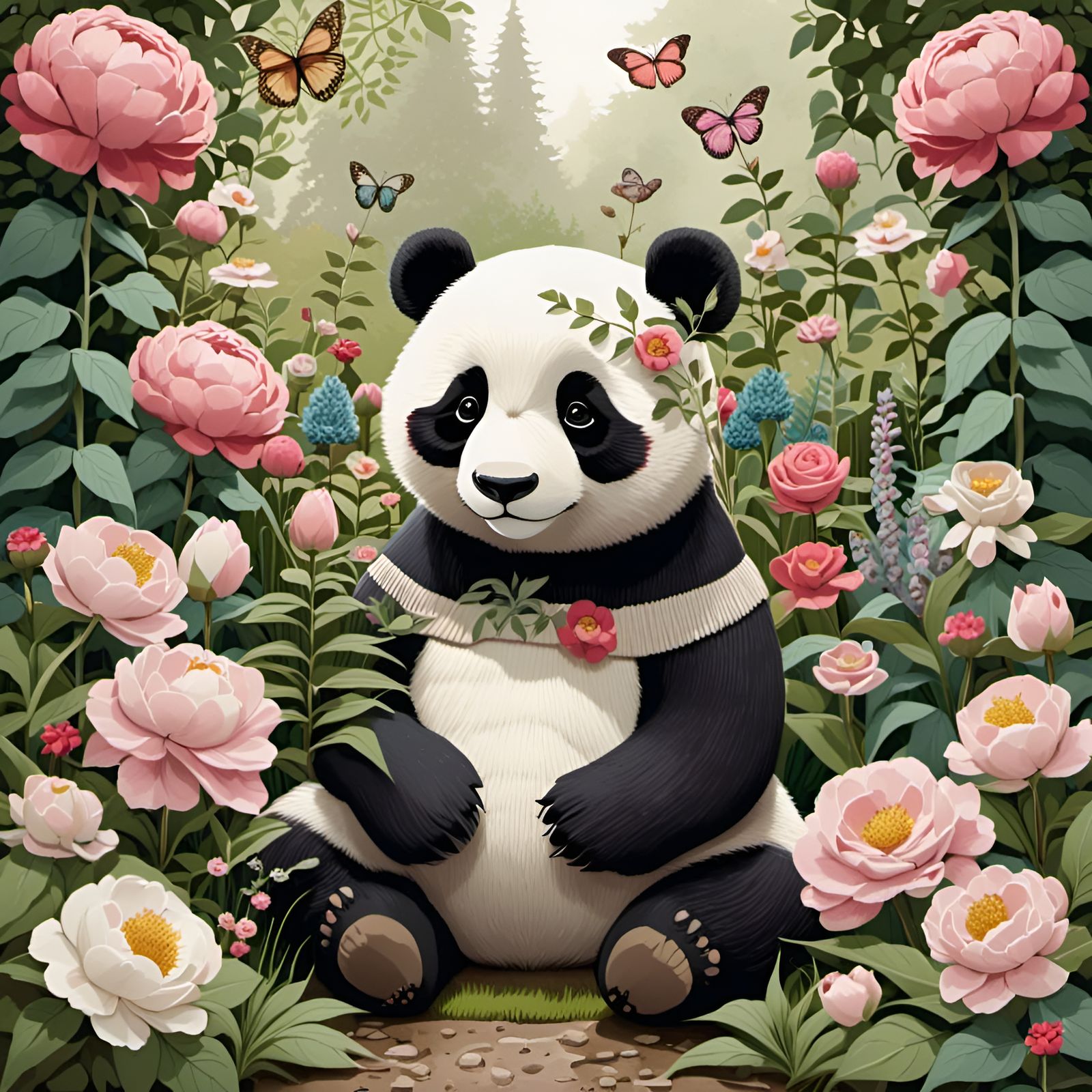 Panda in Peony Garden in Folk-Art Style