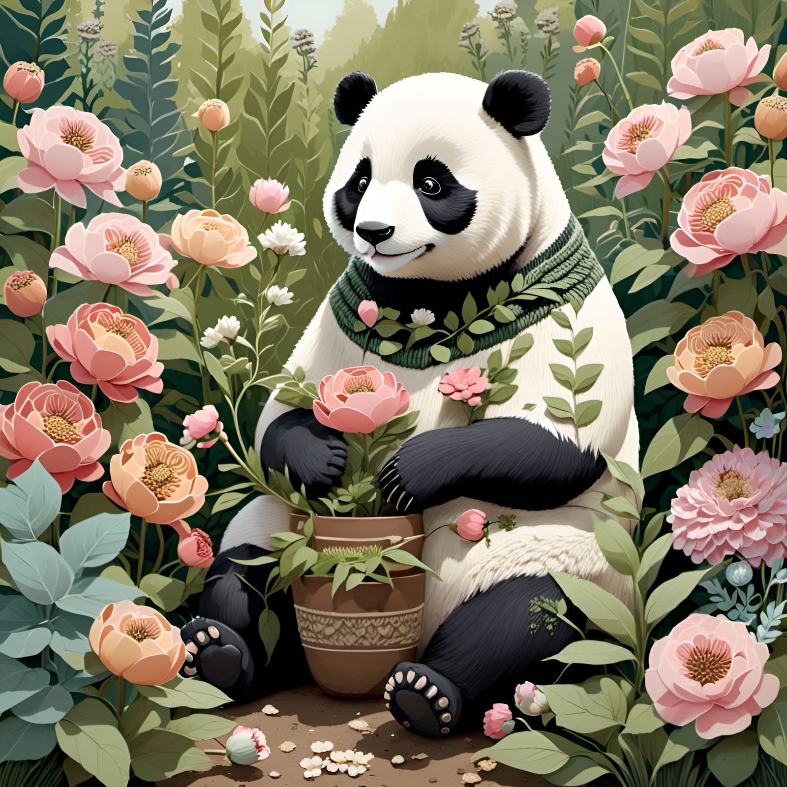 Panda in Peony Garden, Folk-Art Style