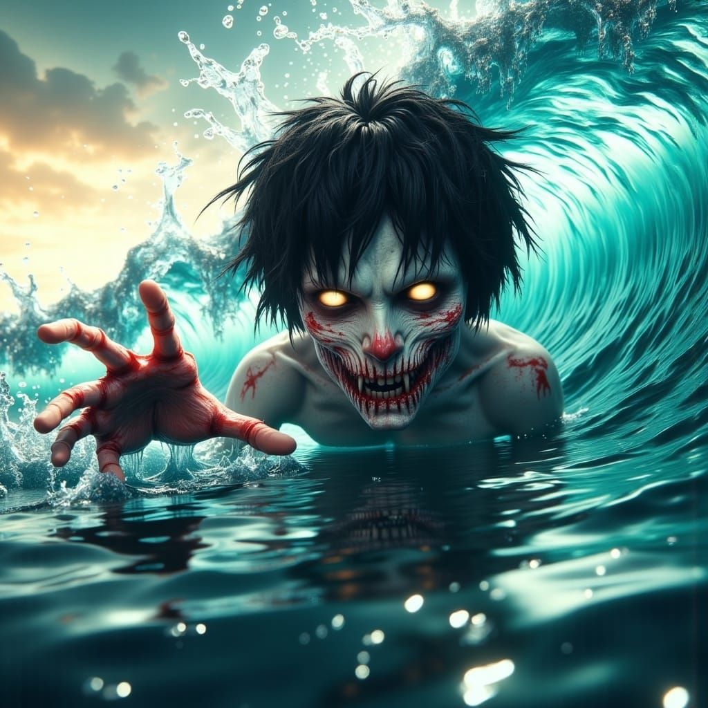 Ethereal Japanese Youth Trapped in Turquoise Wave