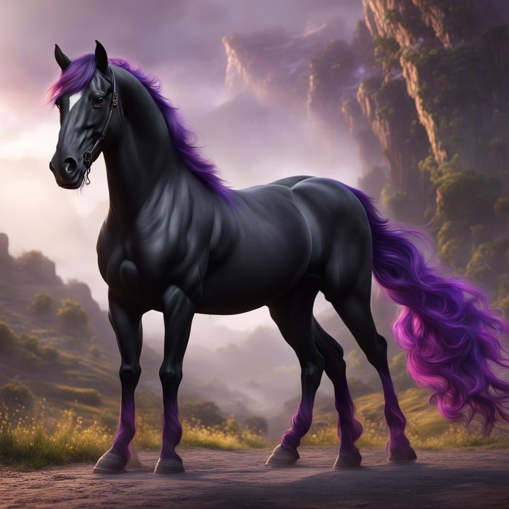 Fantastical Black Horse with Purple Mane