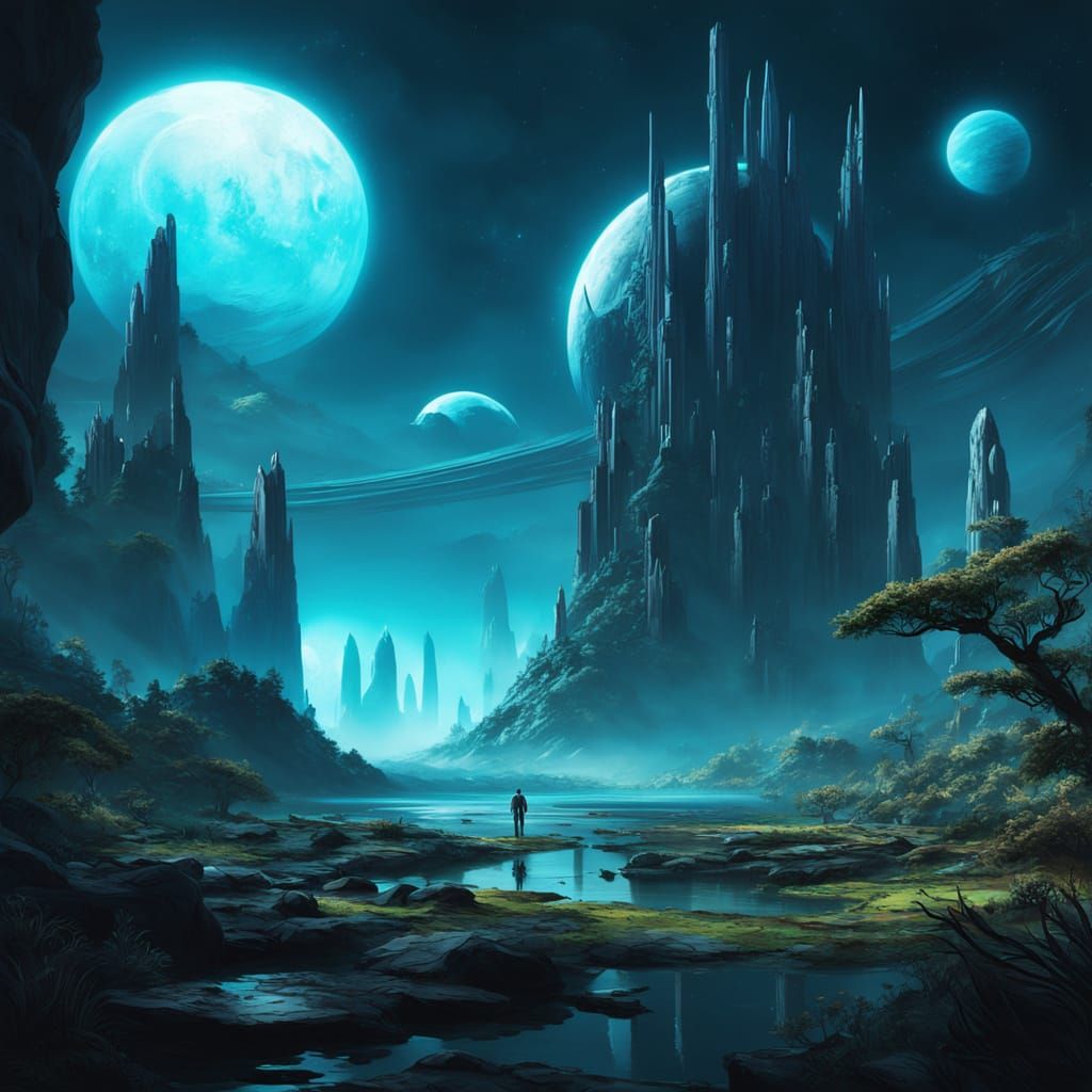 Alien Planetscape with Bioluminescent Flora and Twin Suns