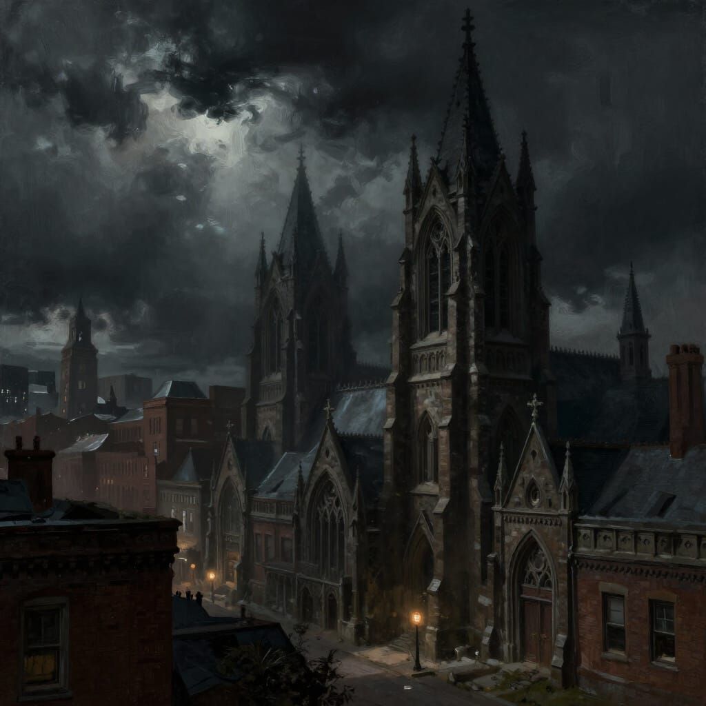 Dark Gothic Alexandria Cityscape Under Stormy Sky