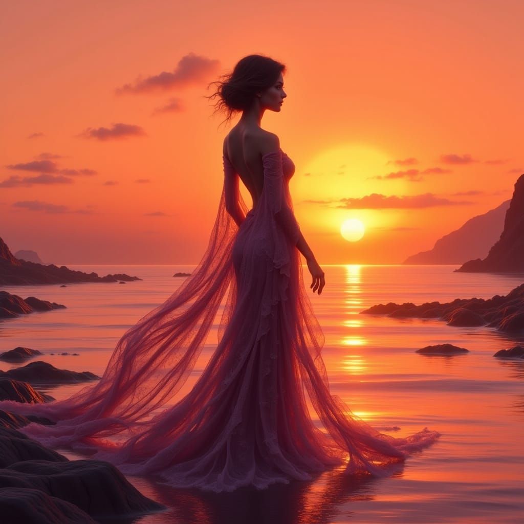 Goddess Silhouette Merged with Sunset Coast in Digital Art