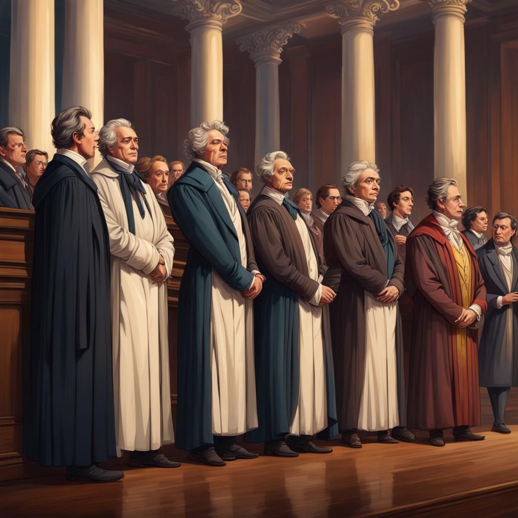 Regency England Courtroom Scene in Hyperrealistic Splash Art