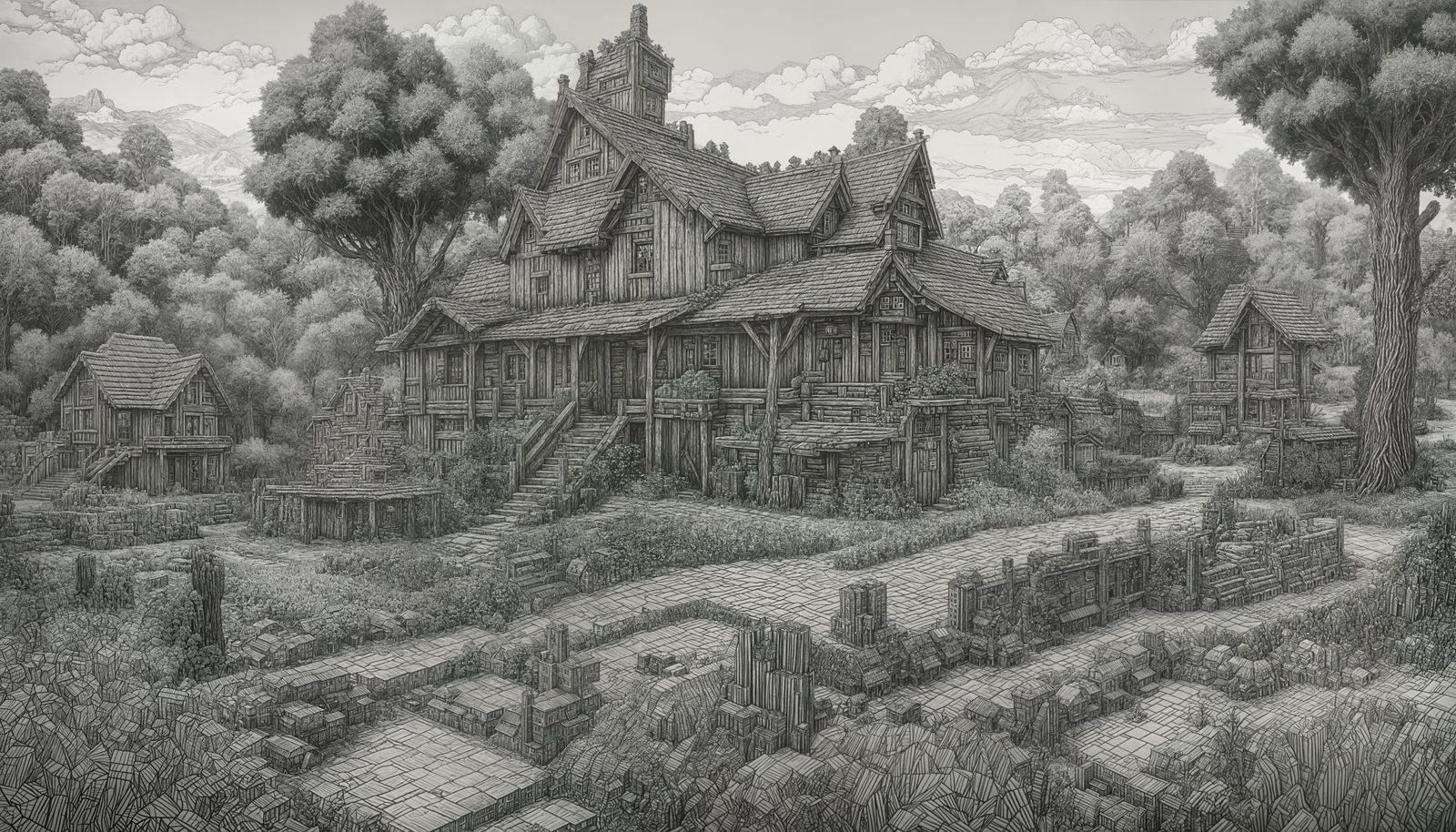 Hyperdetailed Charcoal Drawing of Minecraft Landscape