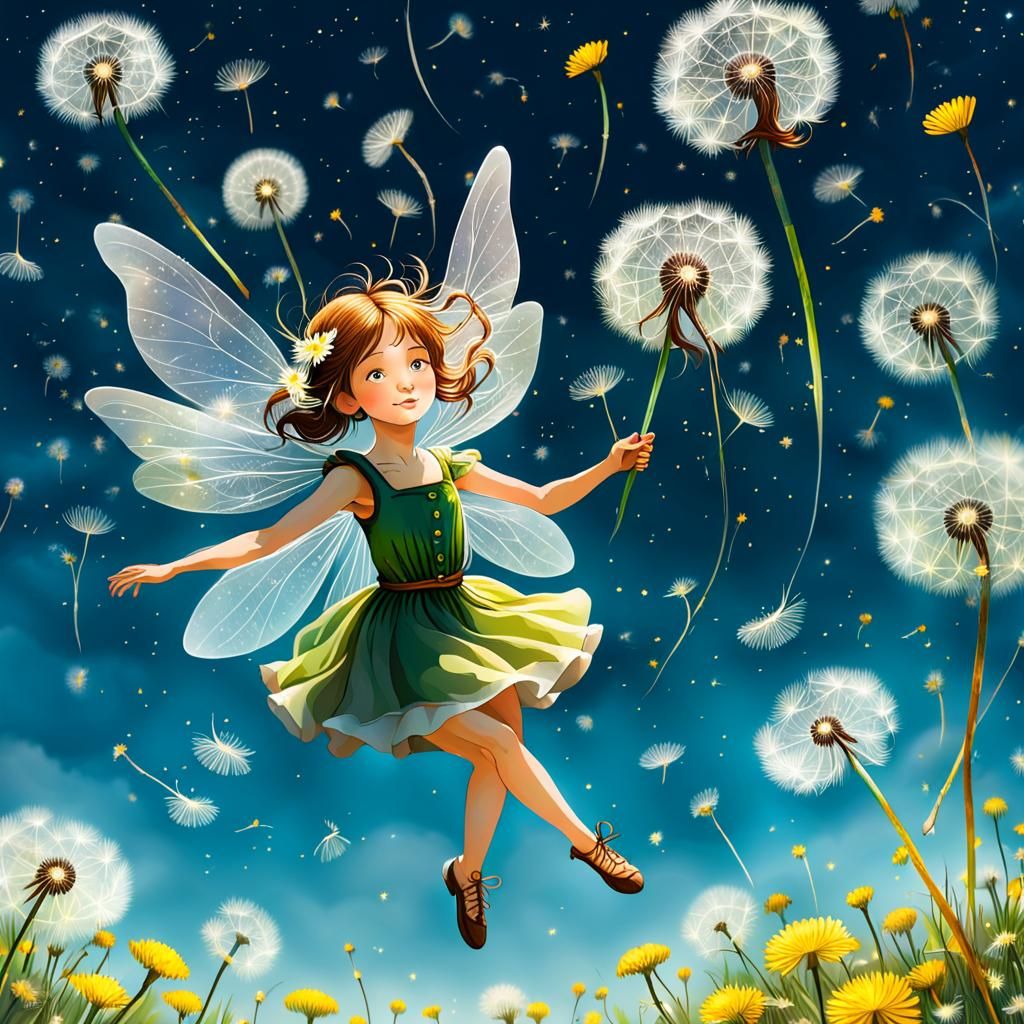 Fairy Floating Among Dandelions in Sky
