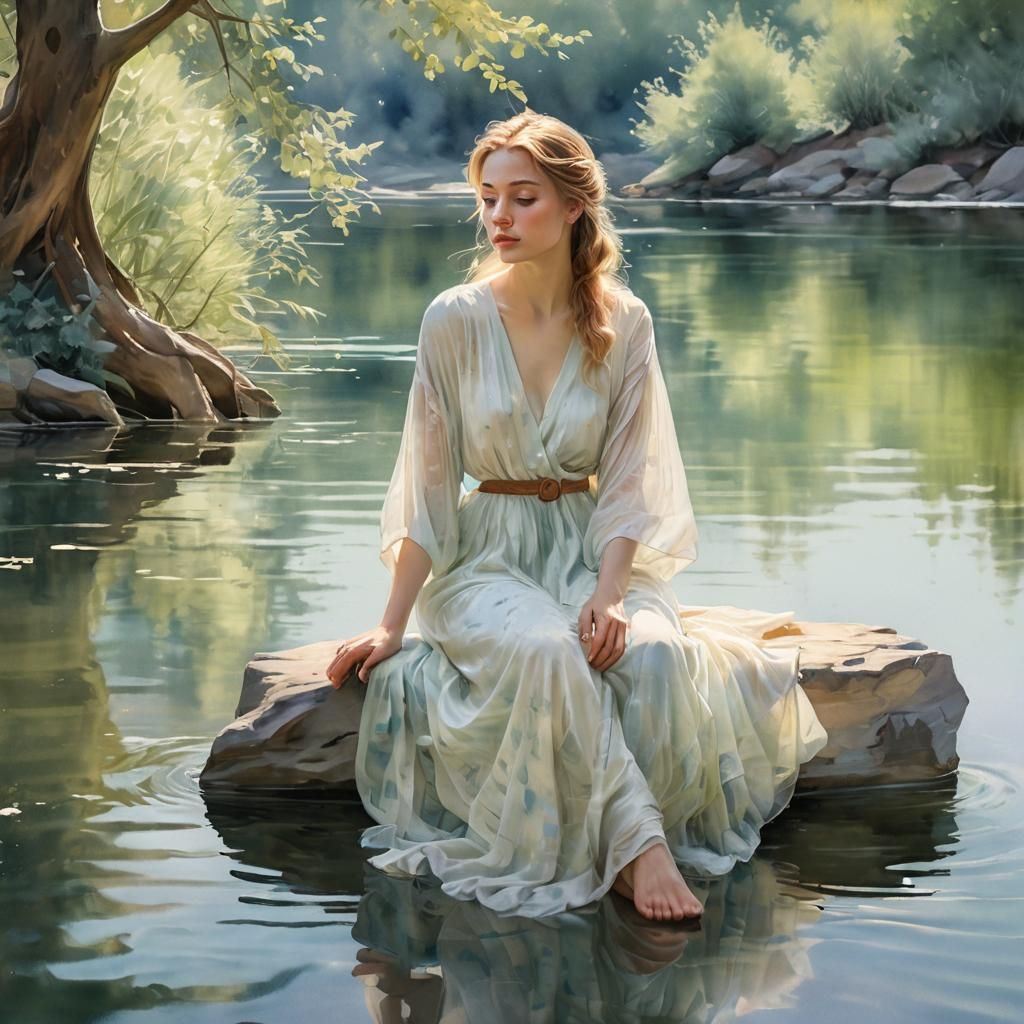 Impressionistic Woman by a Lake in Watercolor Style