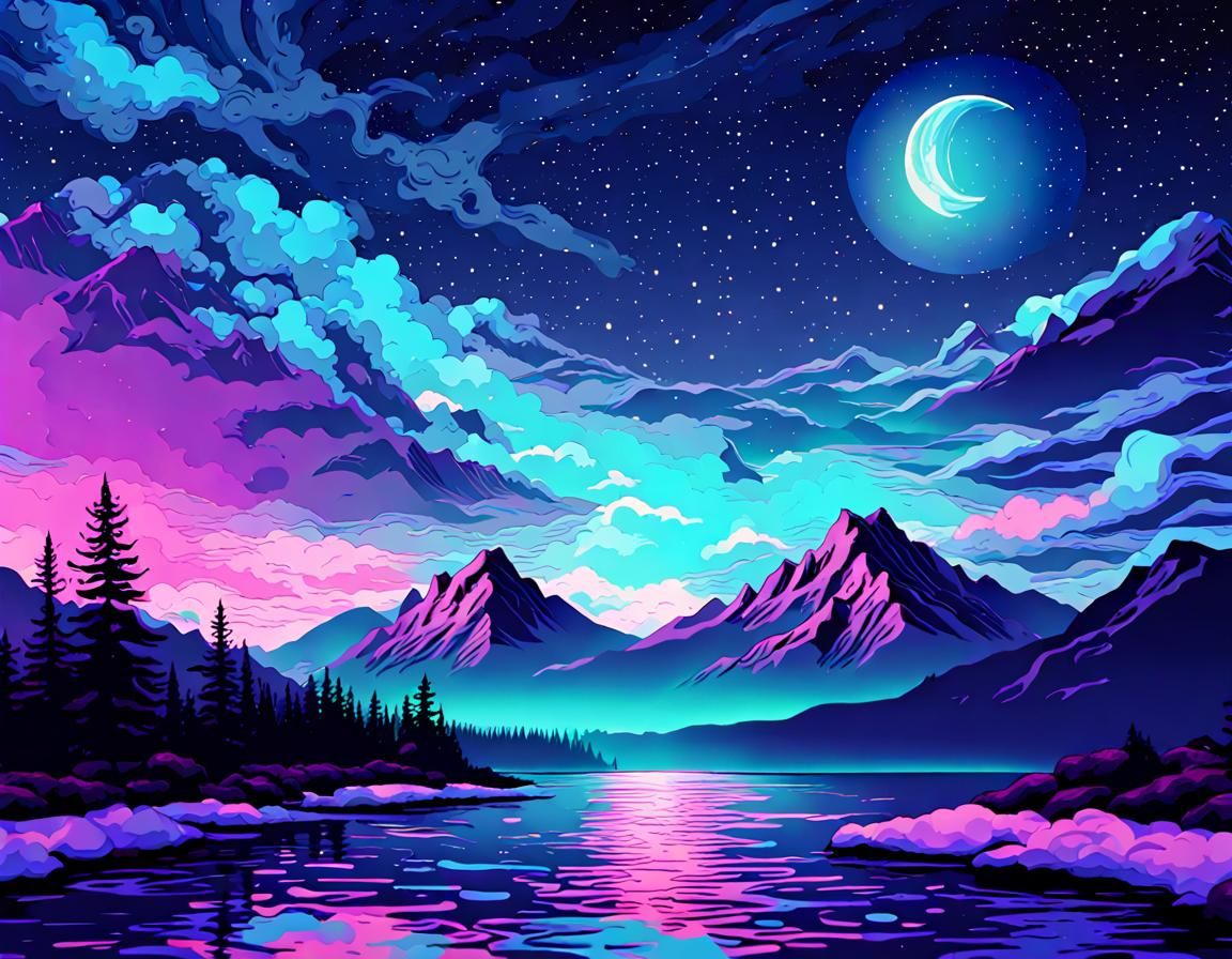 Vaporwave Starry Night Digital Art