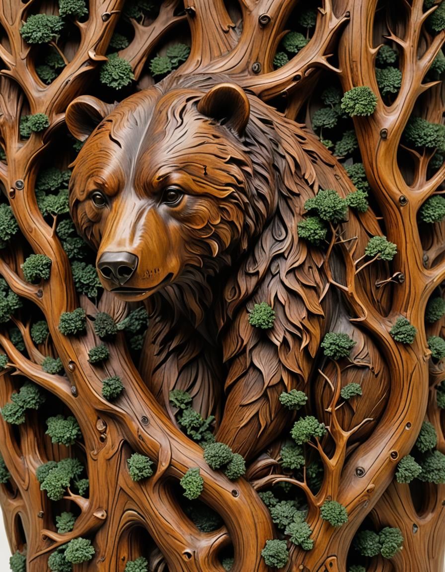 Redwood Bear Carving in Surrealist Style