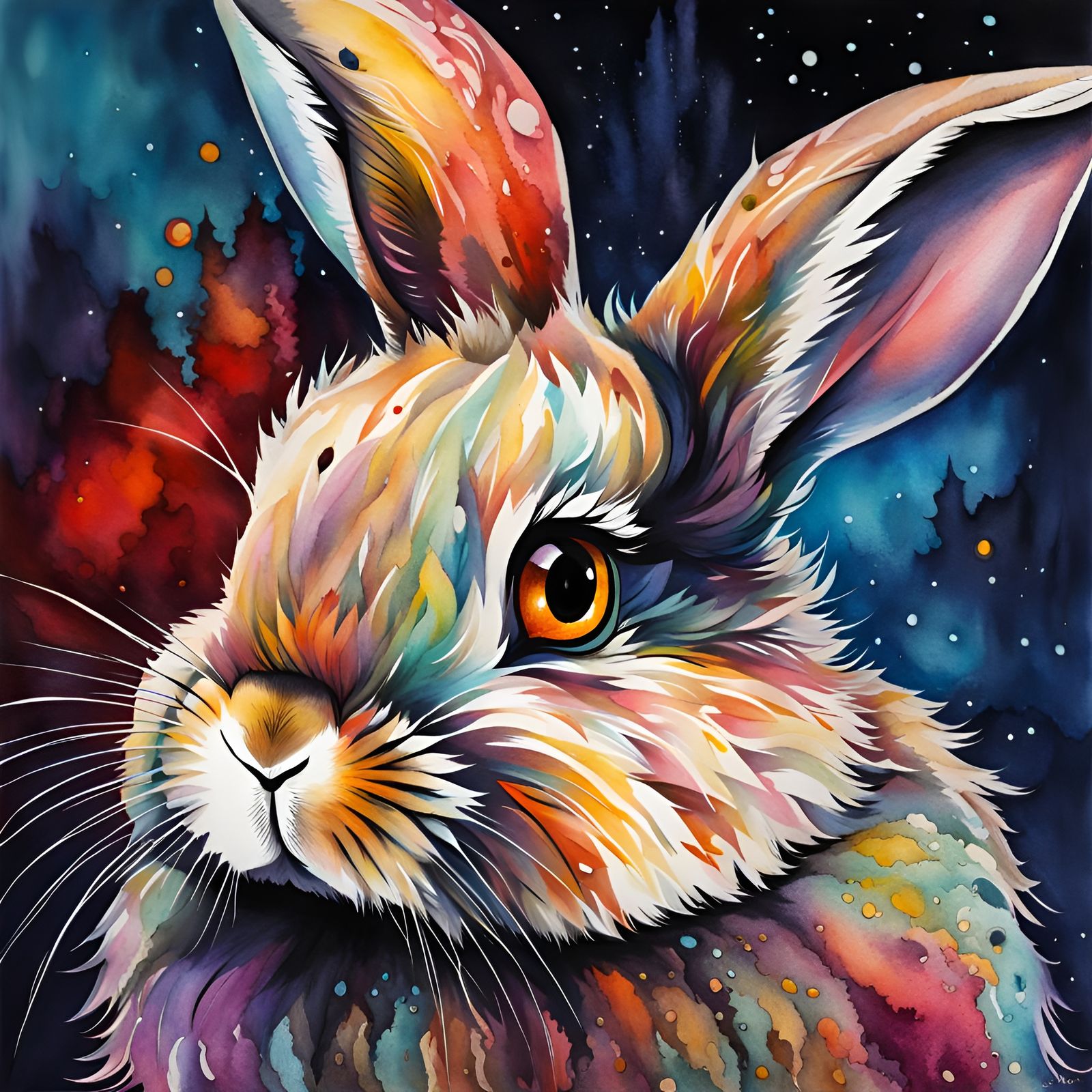 Cute Fluffy Rabbit with Big Eyes in Watercolor