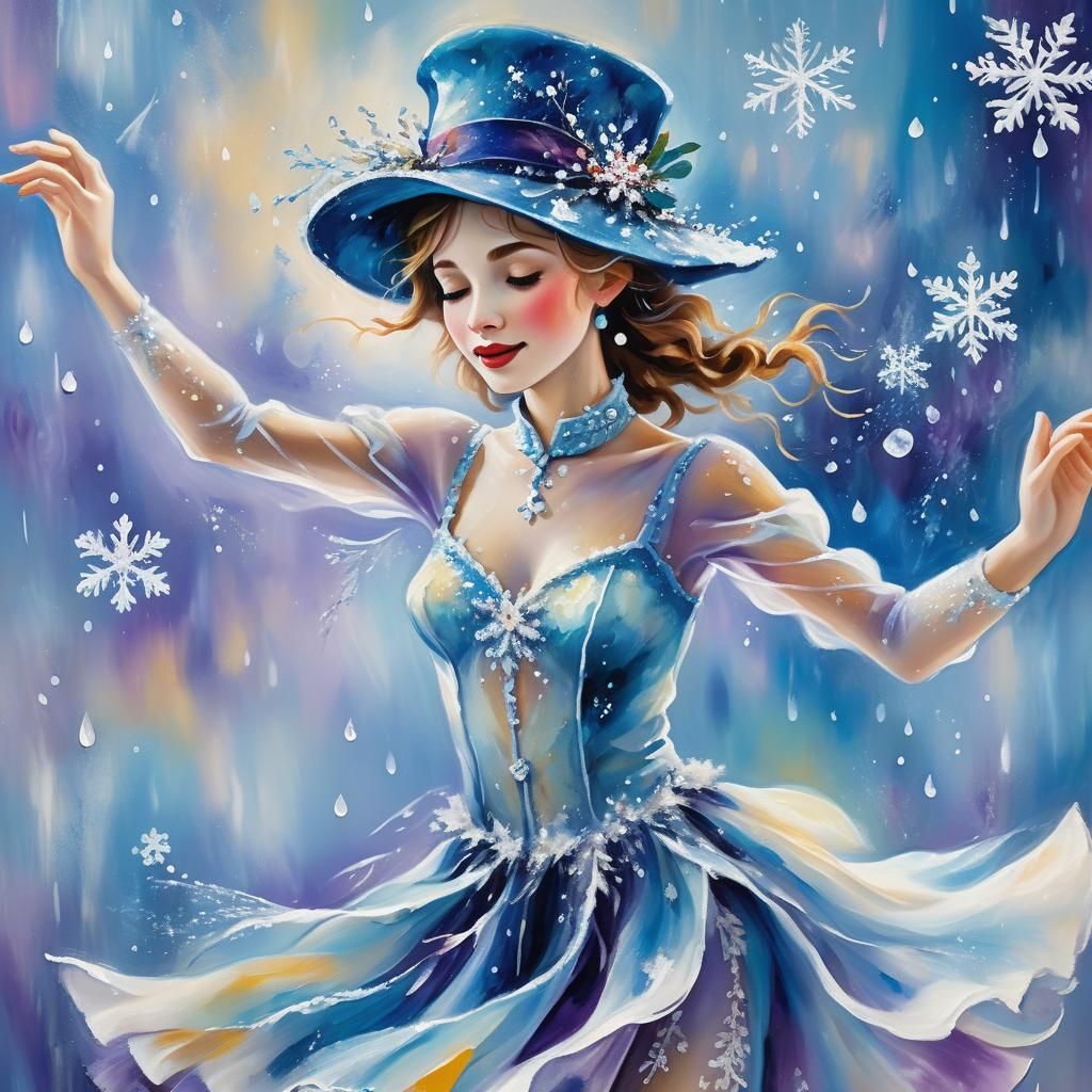 Dancer in Blue Rain: A Whimsical Oil Painting