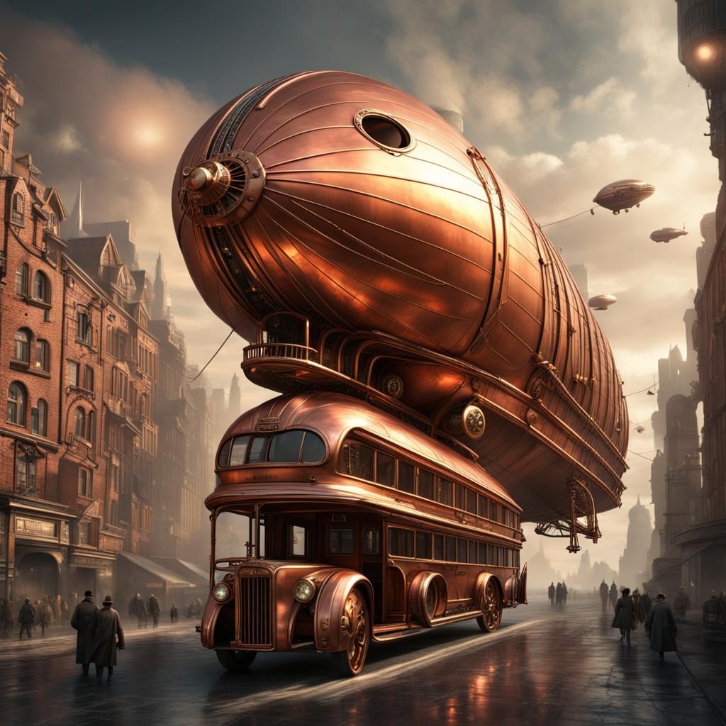 Steampunk Copper Zeppelin Bus in Futuristic City