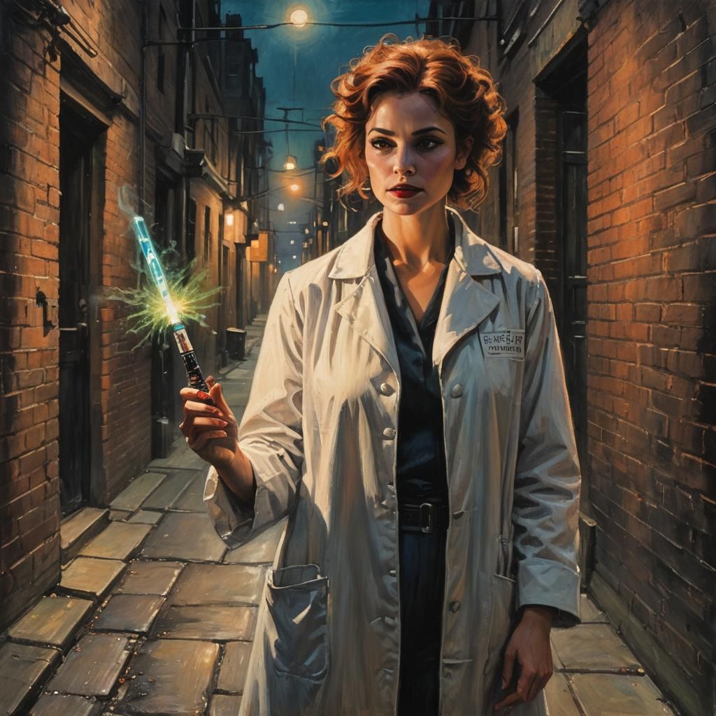 Mad Scientist in Alleyway, Oil Pastel Art