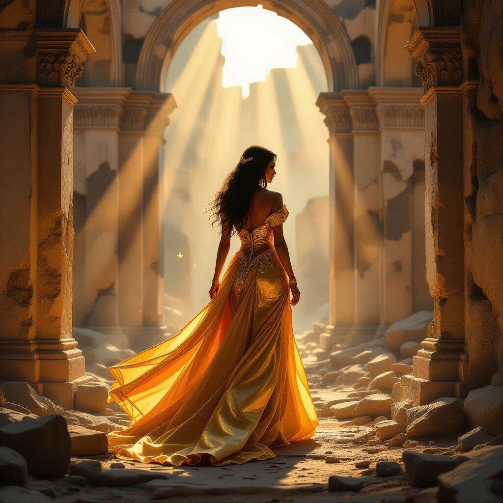 Goddess in Golden Gown Walks Through Ancient Ruins