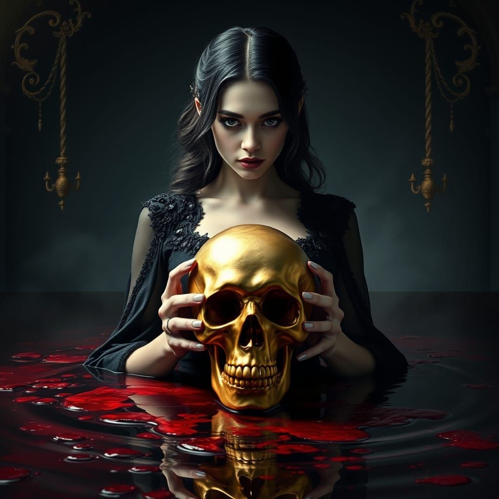 Woman with Golden Skull in Dark, Cinematic Style