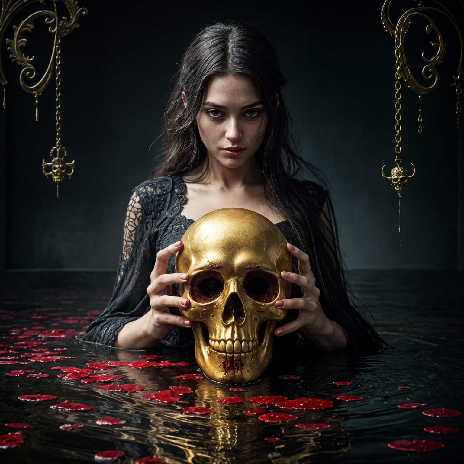 Woman Holds Golden Skull in Blood