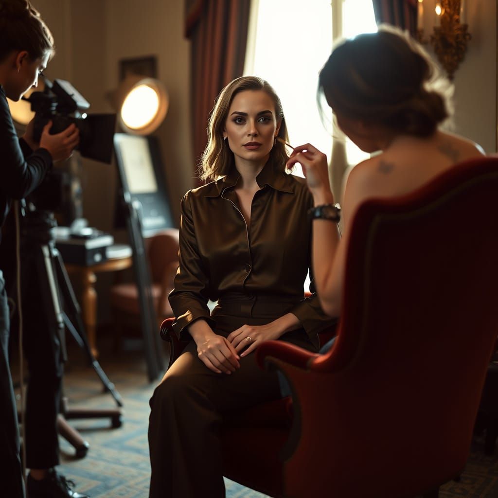 Elegant Actress Prepares for Close-Up in Dramatic Film Set P...