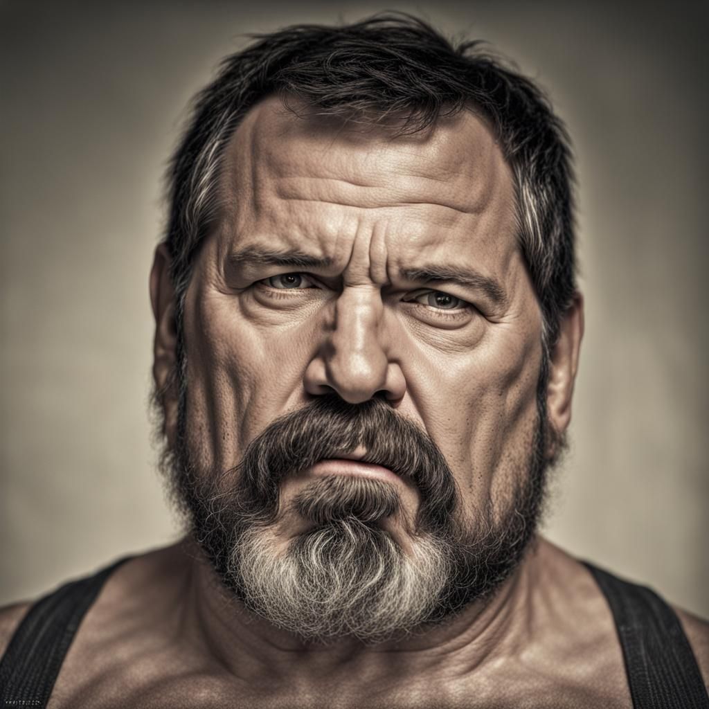 portrait of a middle-aged man, in his mid-40s, with a noticeably chubby physique. This man is shirtless, his ample, roun...