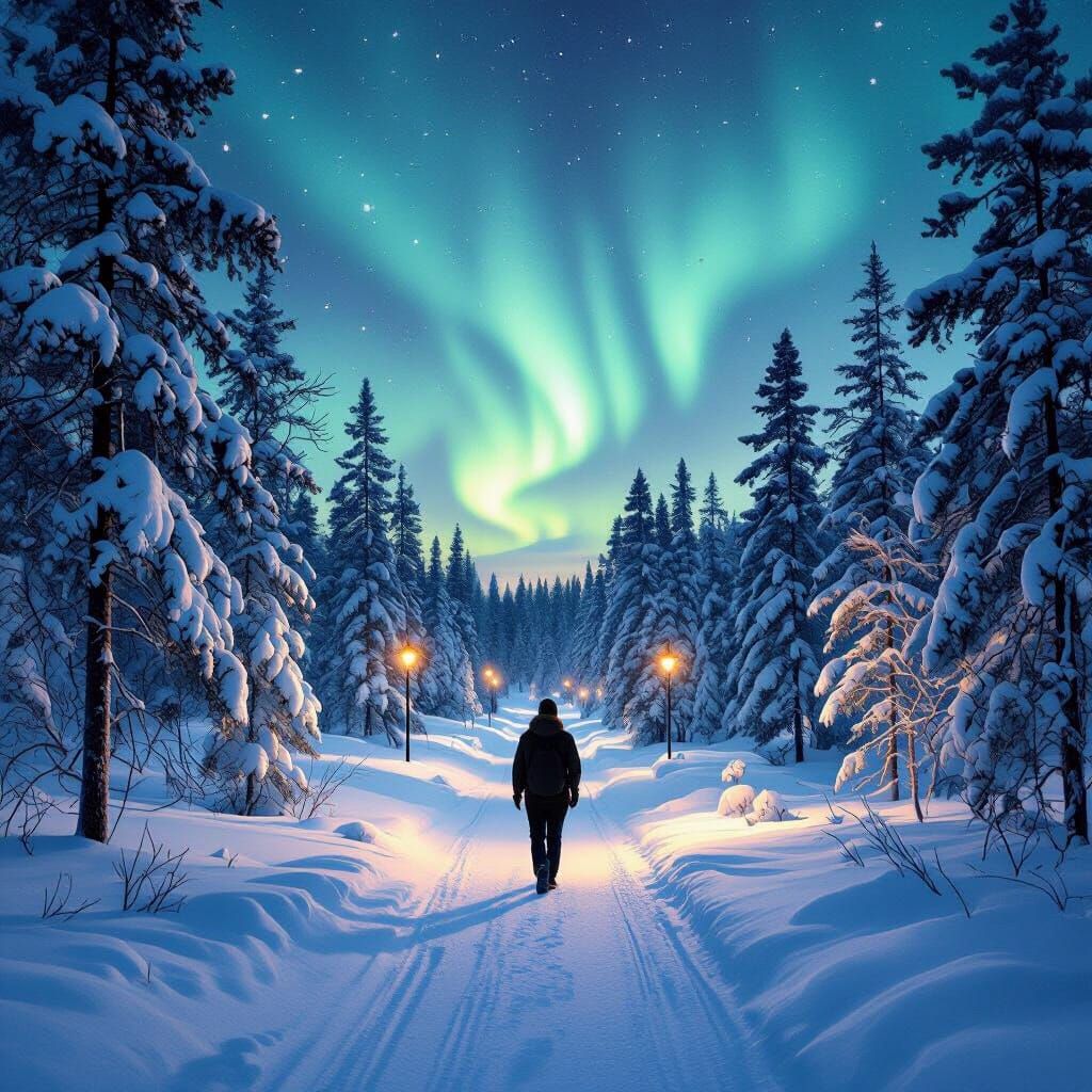 Aurora Over a Snowy Finnish Forest Trail