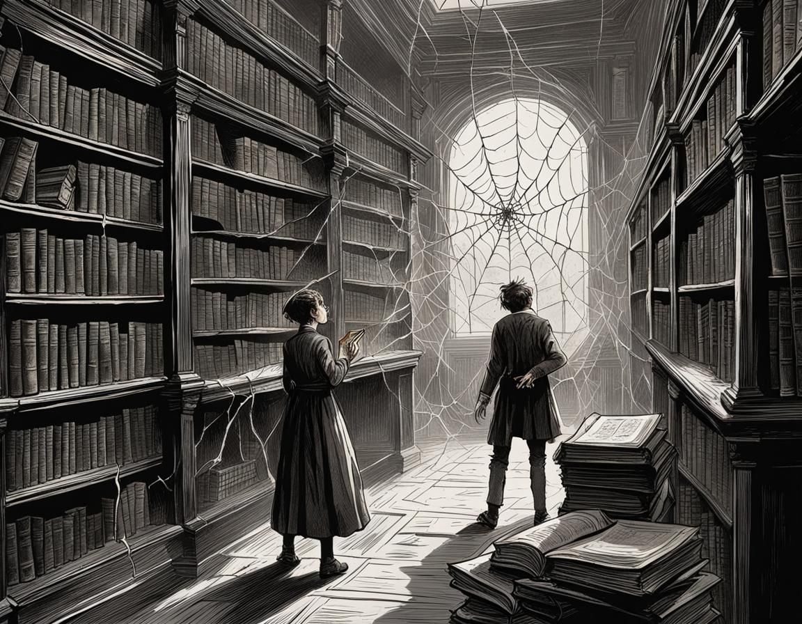 Eerie Library Scene with Flying Book