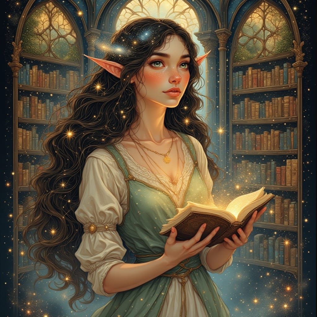 Celestial Librarian Surrounded by Starlight Books