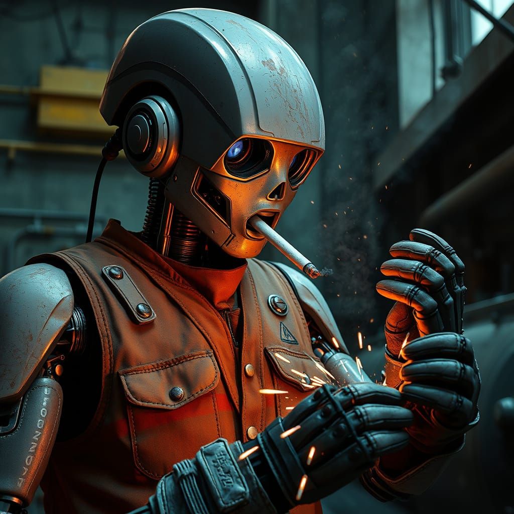 Gritty Robot Welder in Industrial Cyberpunk Scene