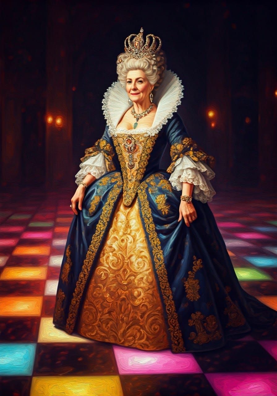 Regal Disco Queen in Opulent Baroque Attire