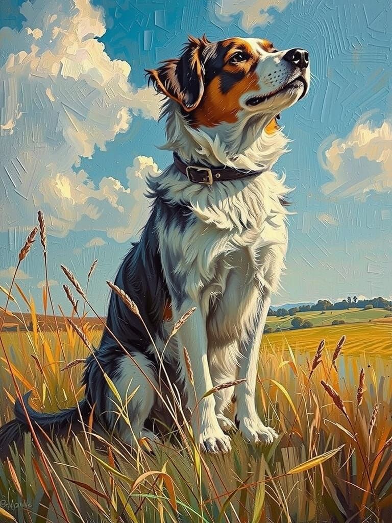 Dog Running in Flowery Field in Impressionist Style