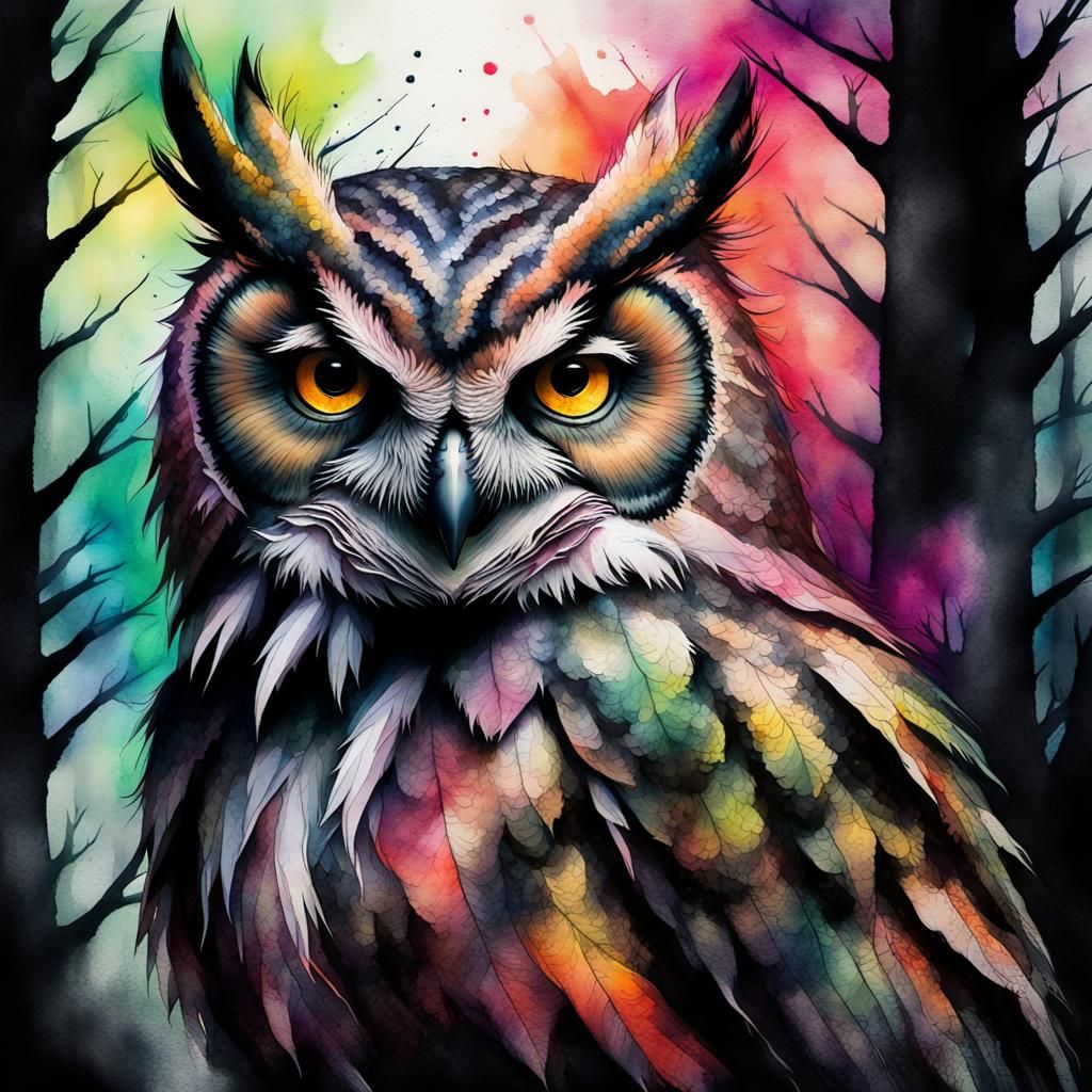 Surreal Owl in Dark Forest: Watercolor and Charcoal